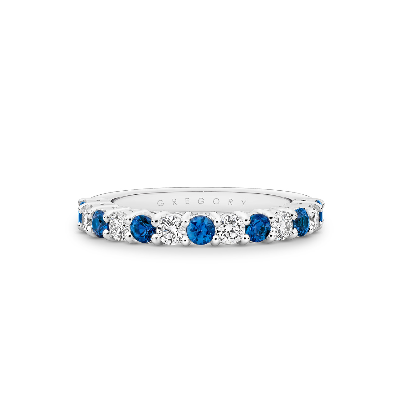 18K White Gold Claw Set Round Ceylon Sapphire &#038; Diamond Band