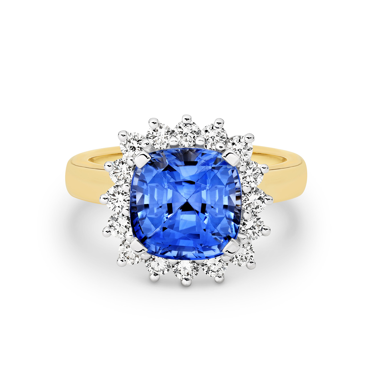 Icon Cushion Square Ceylon Sapphire and Diamond Cluster Ring