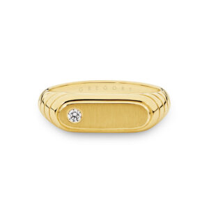 9K Yellow Gold Diamond Grooved Oval Signet Ring
