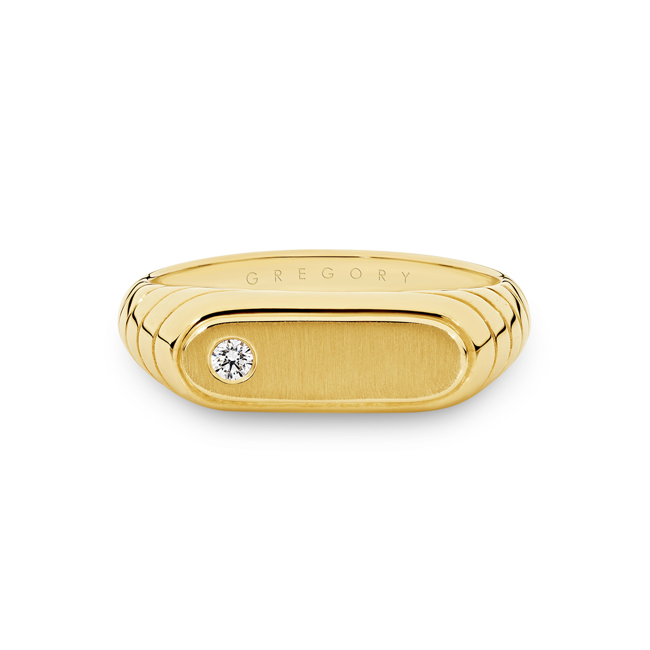 9K Yellow Gold Diamond Grooved Oval Signet Ring