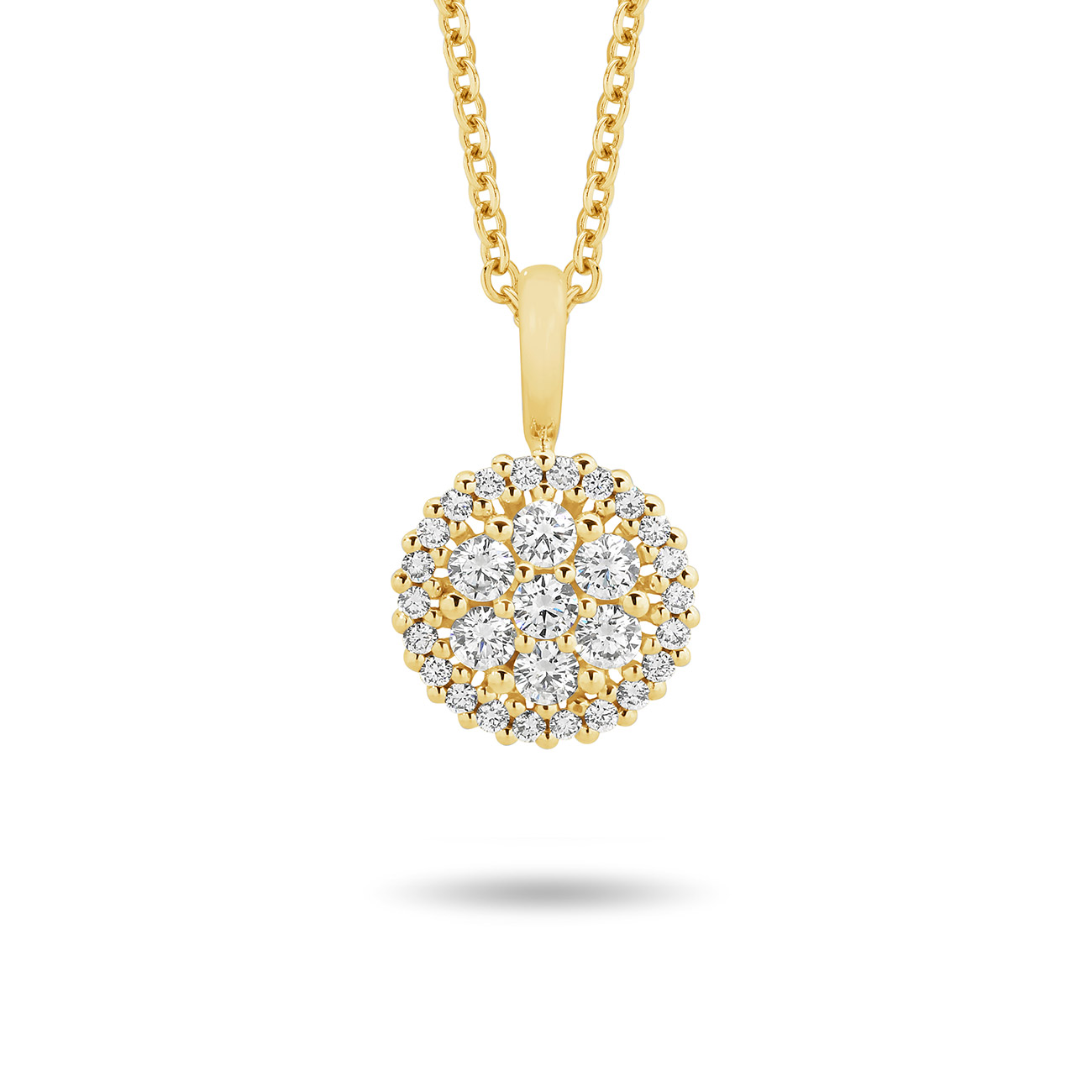 18K Yellow Gold Round Cluster Diamond Pendant - Large