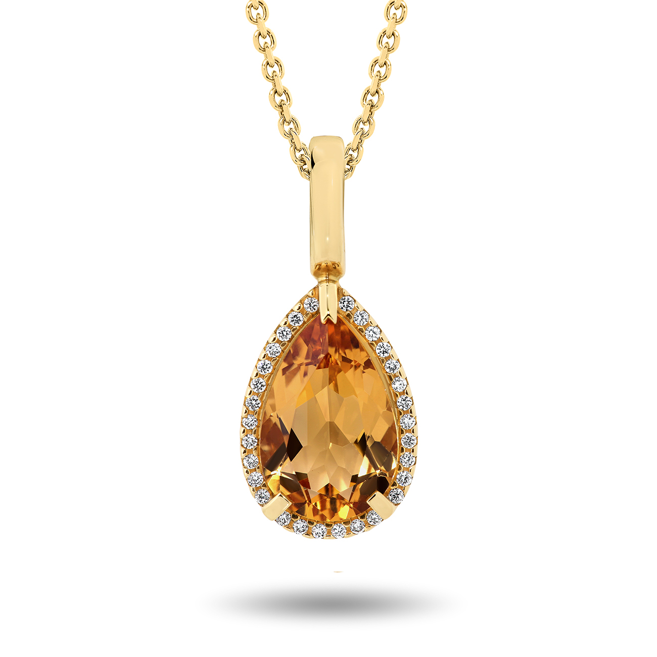 Citrine &#038; Diamond Pear Halo Pendant In Yellow Gold