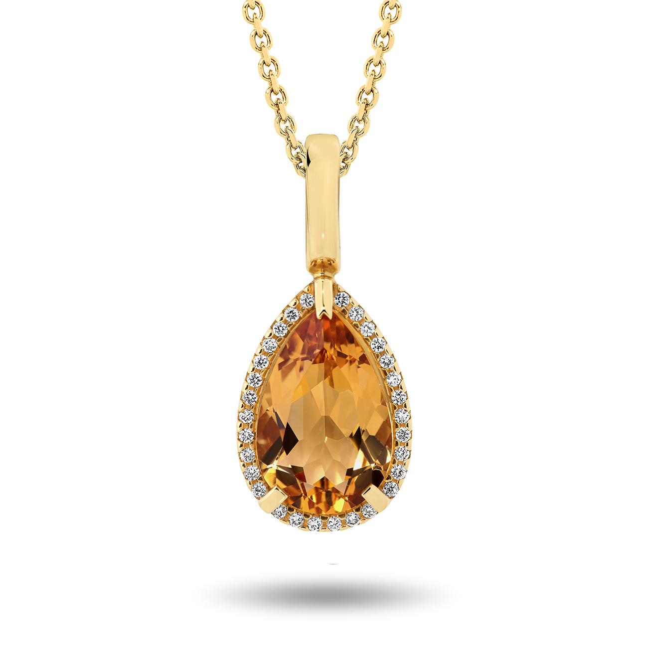 Citrine & Diamond Pear Halo Pendant In Yellow Gold