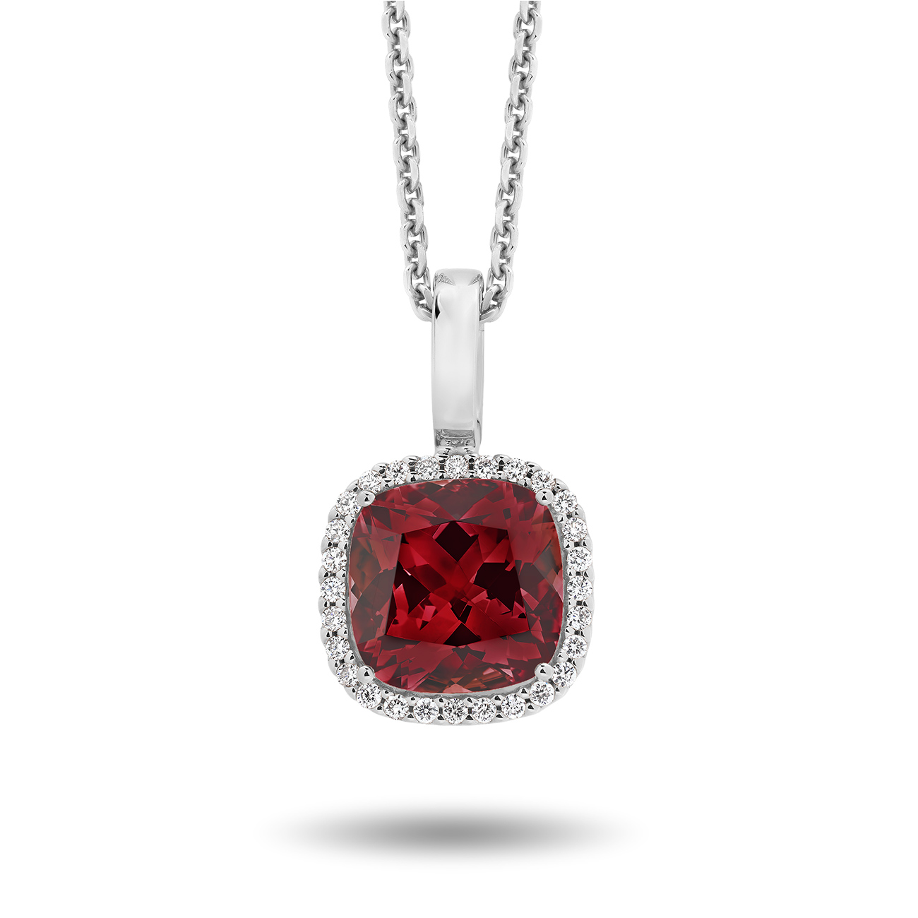 Garnet & Diamond Cushion Halo Pendant In 18K White Gold