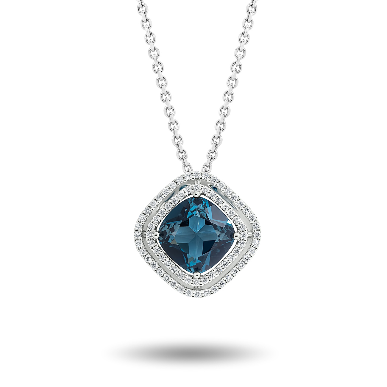 London Blue Topaz & Diamond Double Halo Pendant In 18K White Gold