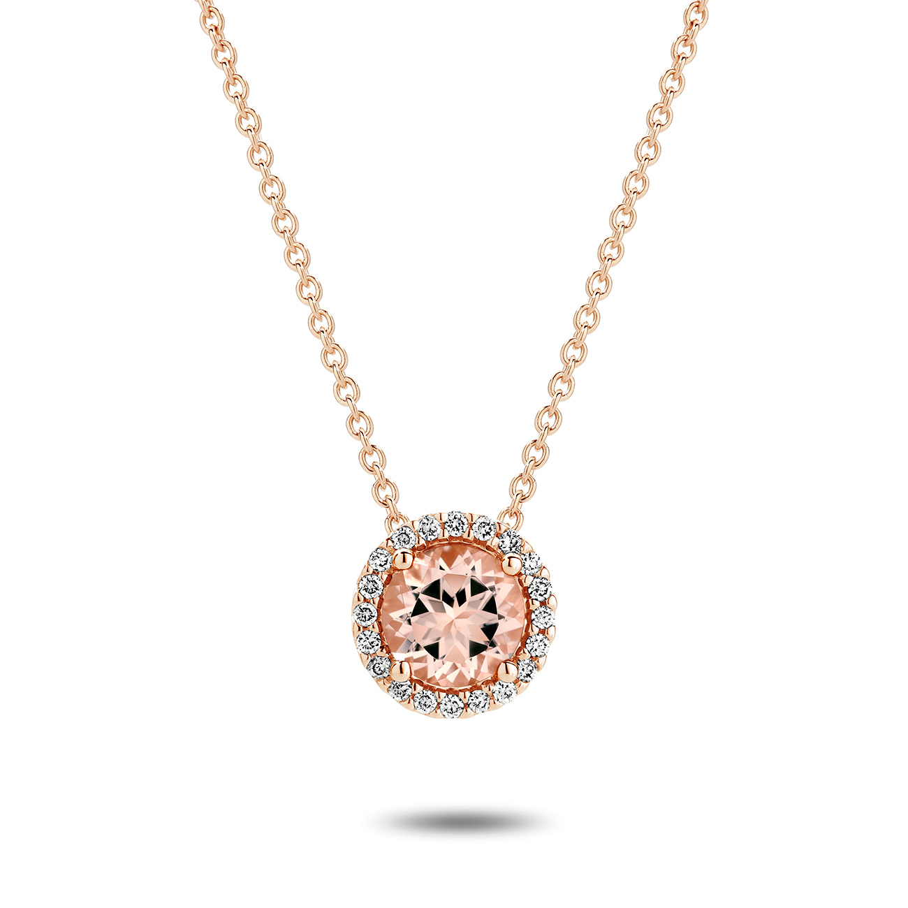 18K Rose Gold Morganite &#038; Diamond Round Halo Pendant