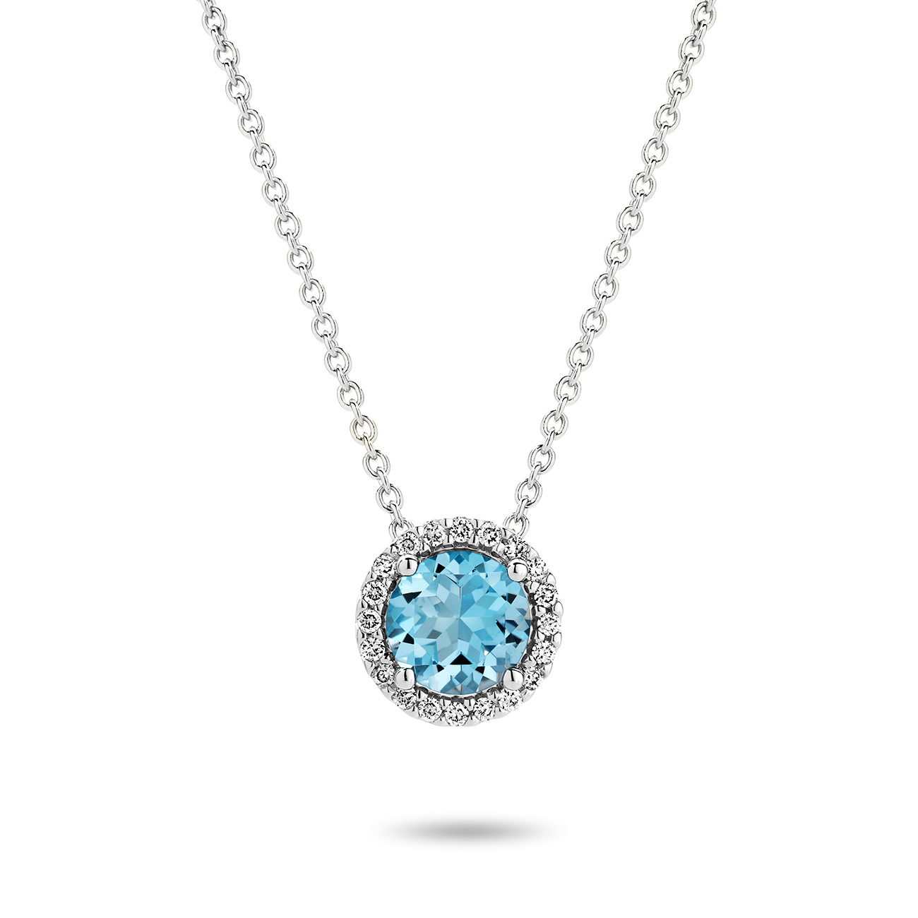 Blue Topaz &#038; Diamond Round Halo Pendant in 18K White Gold