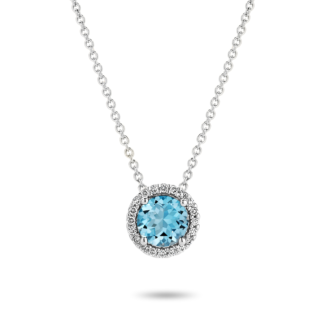 Blue Topaz & Diamond Round Halo Pendant in 18K White Gold