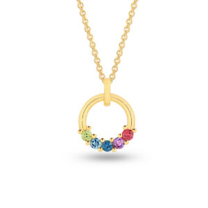 18K Yellow Gold Multi-Coloured Gemstone Circle Drop Pendant