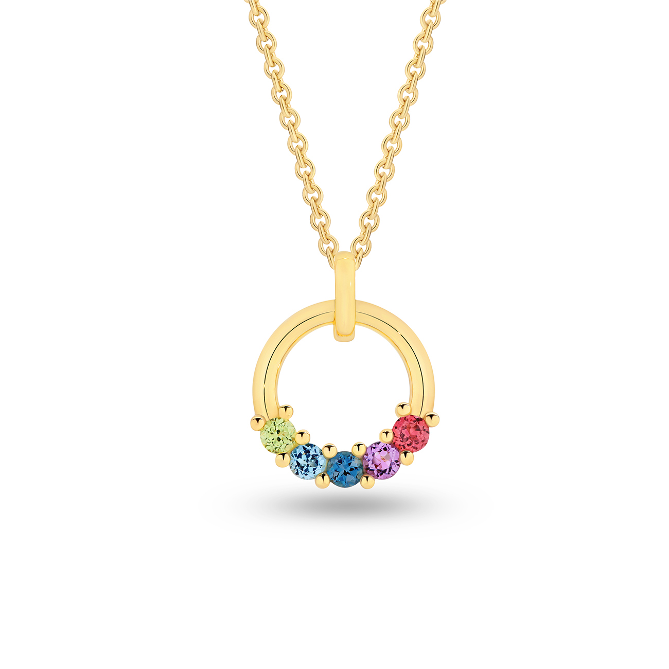 18K Yellow Gold Multi-Coloured Gemstone Circle Drop Pendant