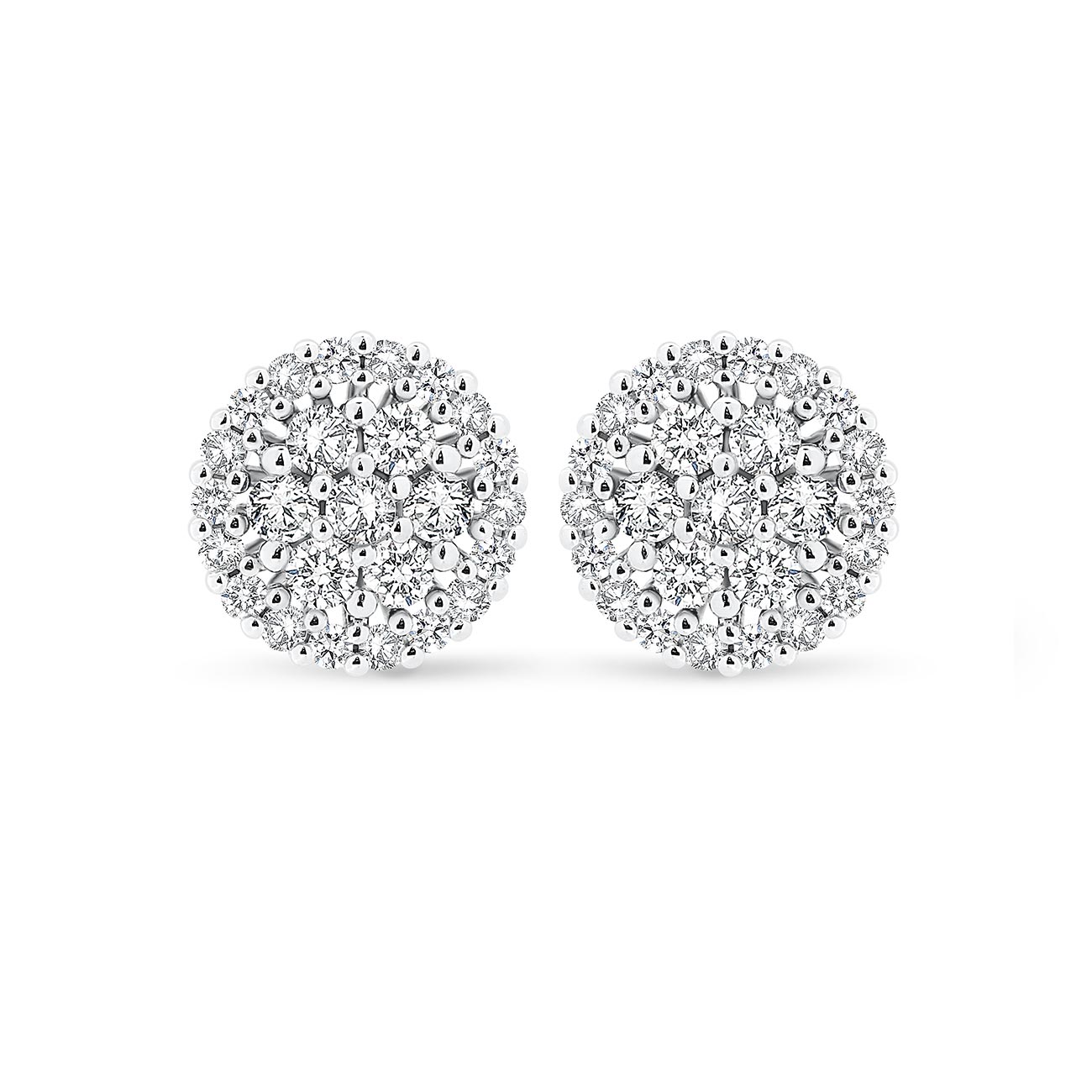 Round Cluster Diamond Stud Earrings In 18K White Gold