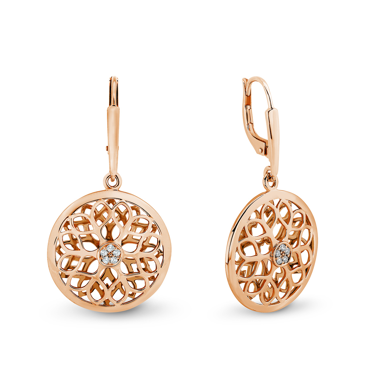 Flower Pattern Diamond Drop Earrings In 18K Rose Gold
