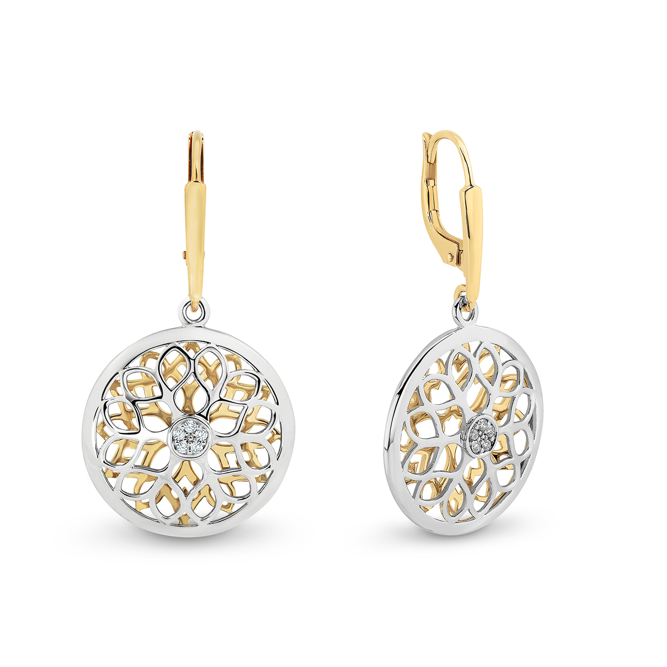 Flower Pattern Diamond Drop Earrings in 18K White & Yellow Gold