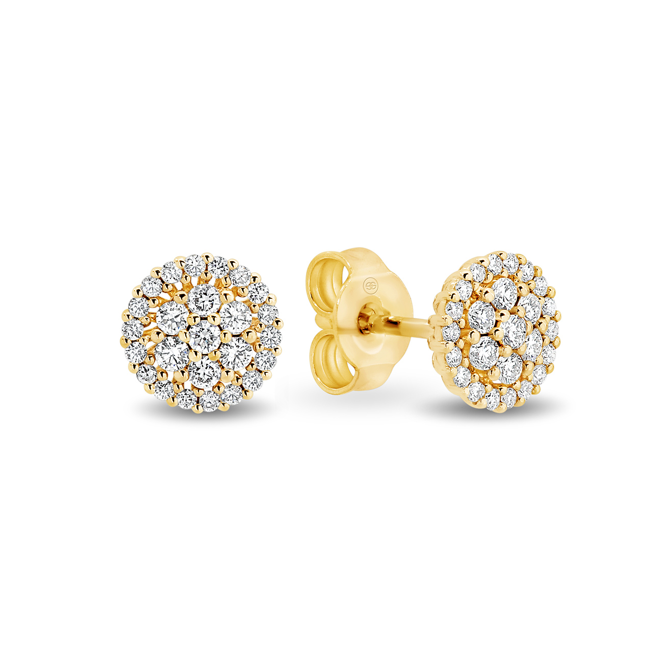 18K Yellow Gold Round Cluster Diamond Stud Earrings - Small