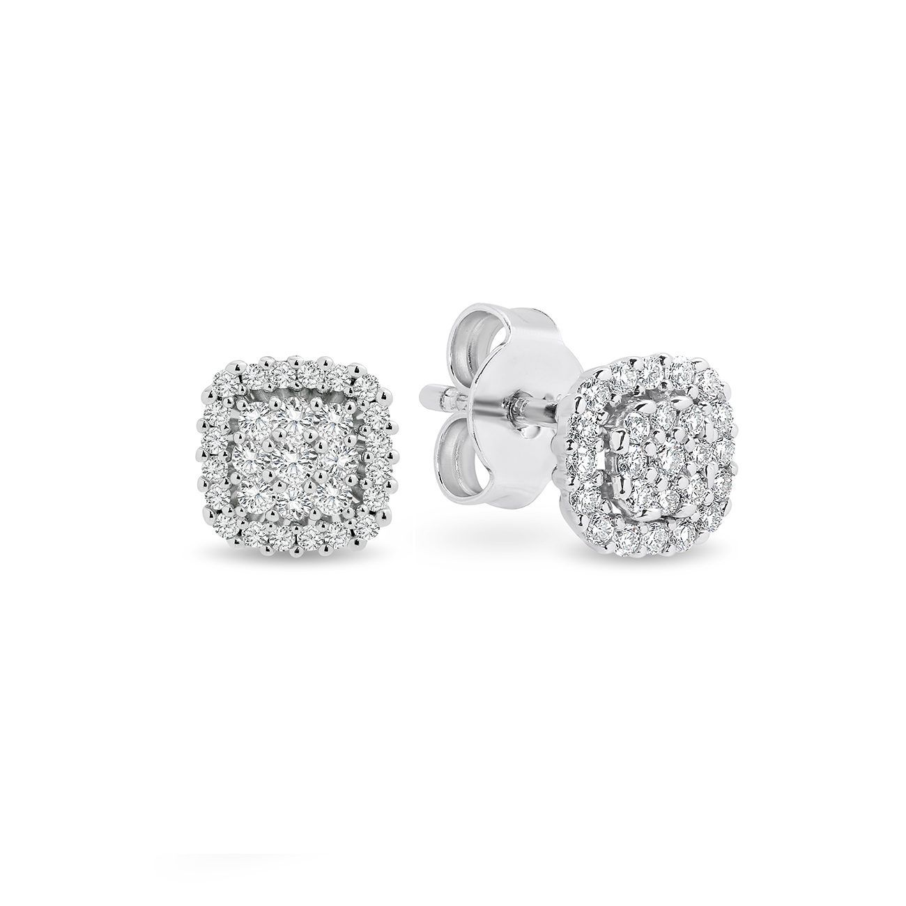 Cushion Cluster Diamond Stud Earrings In 18K White Gold