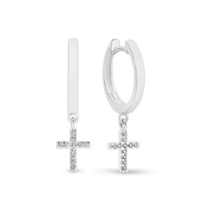 18K White Gold Diamond Cross Huggie Earrings with 22 round brilliant cut diamonds, SKU 737578-WG