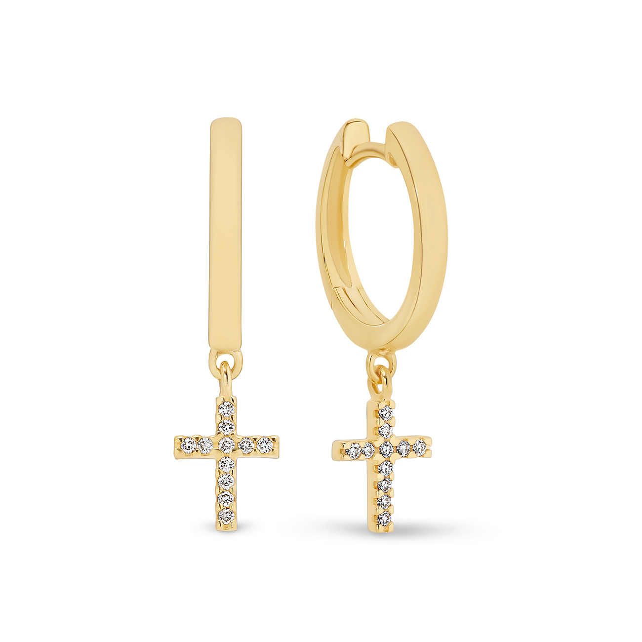 18K Yellow Gold Diamond Cross Huggie Earrings