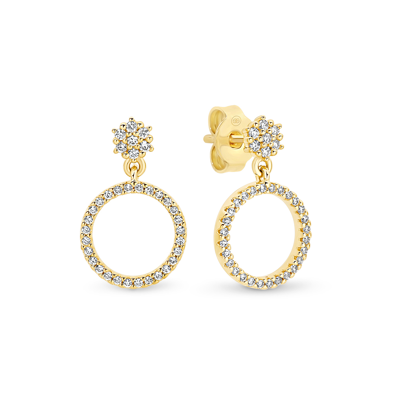 18K Yellow Gold Diamond Cluster Circle Drop Earrings