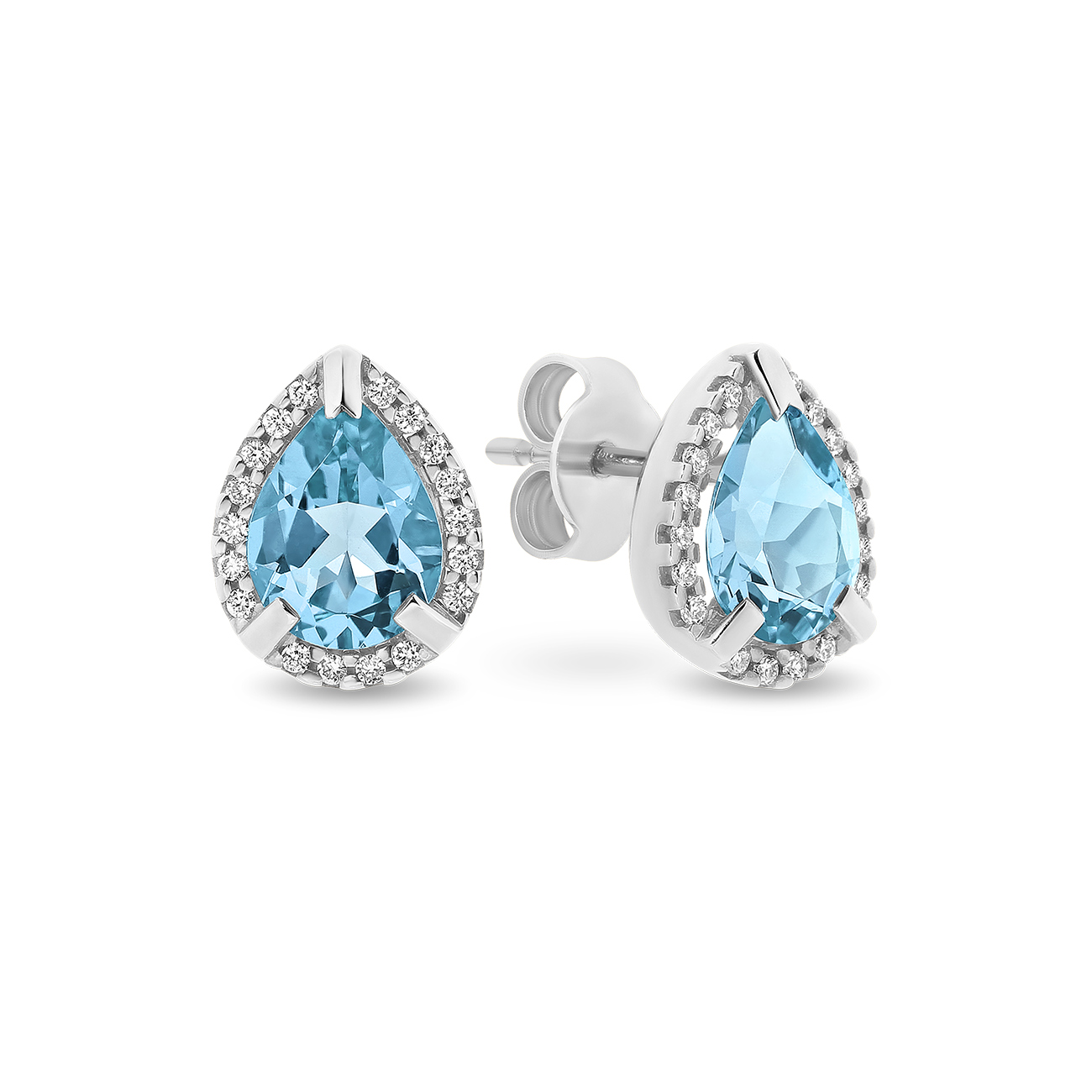 Blue Topaz &#038; Diamond Pear Halo Stud Earrings In 18K White Gold