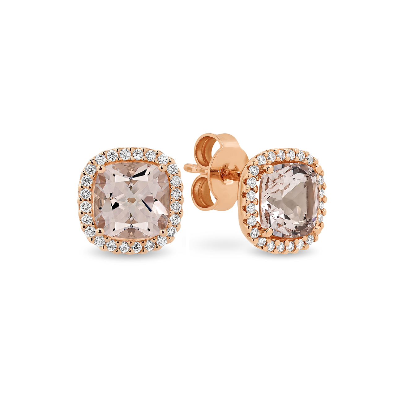 Morganite & Diamond Cushion Halo Stud Earrings In 18K Rose Gold