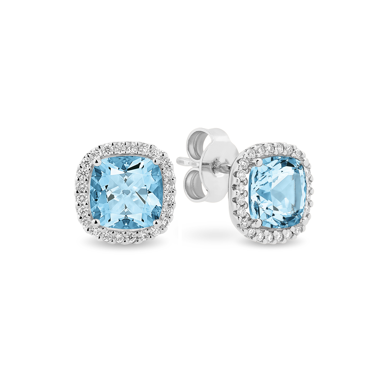 Blue Topaz & Diamond Cushion Halo Stud Earrings In 18K White Gold