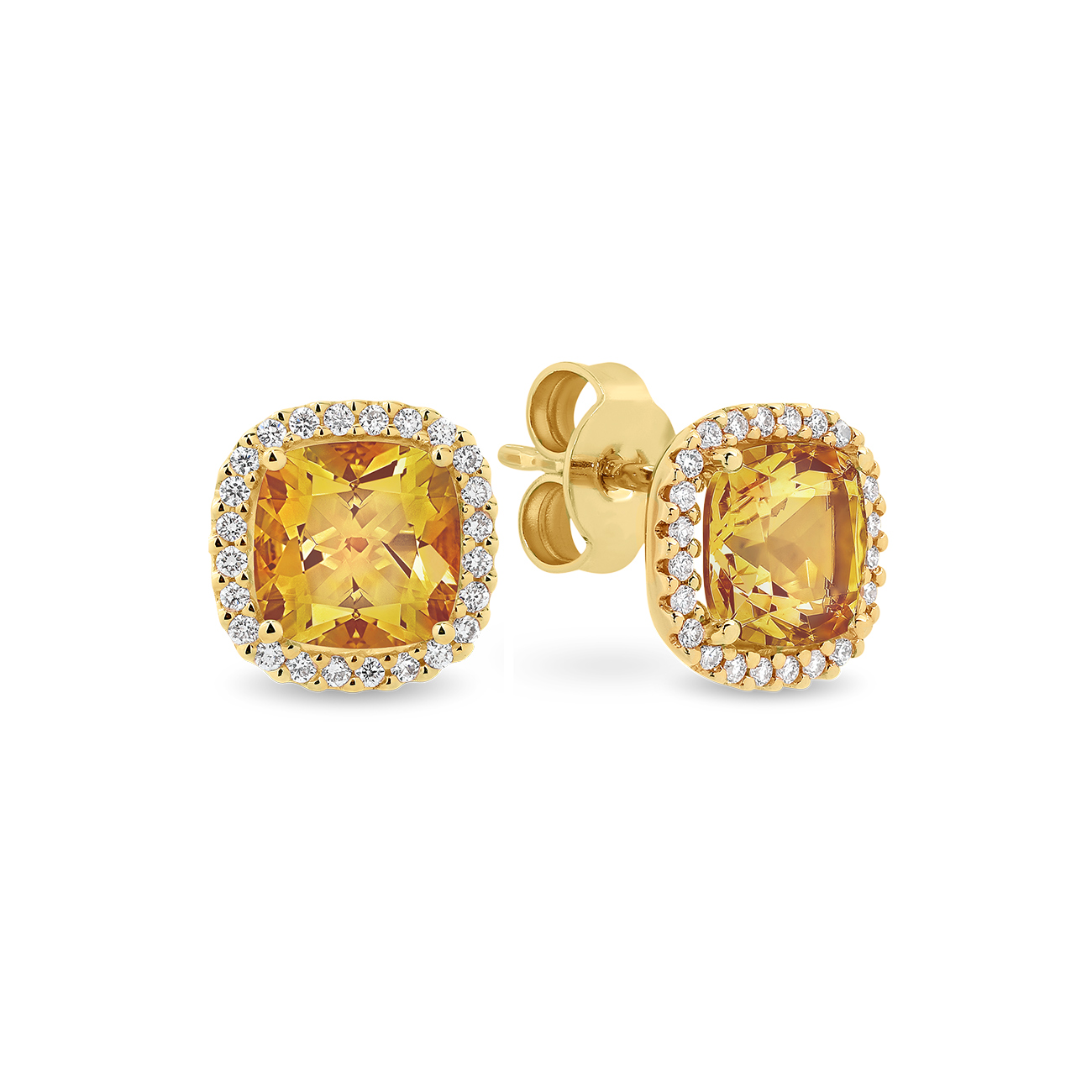 Citrine & Diamond Cushion Halo Stud Earrings In 18K Yellow Gold