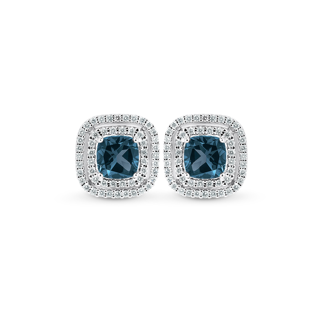 London Blue Topaz & Diamond Double Halo Stud Earrings In 18K White Gold