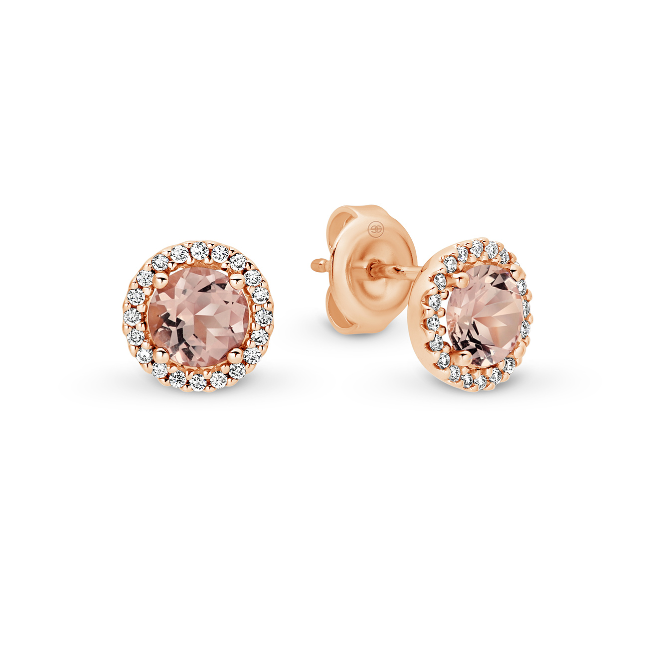 18K Rose Gold Morganite & Diamond Round Halo Stud Earrings