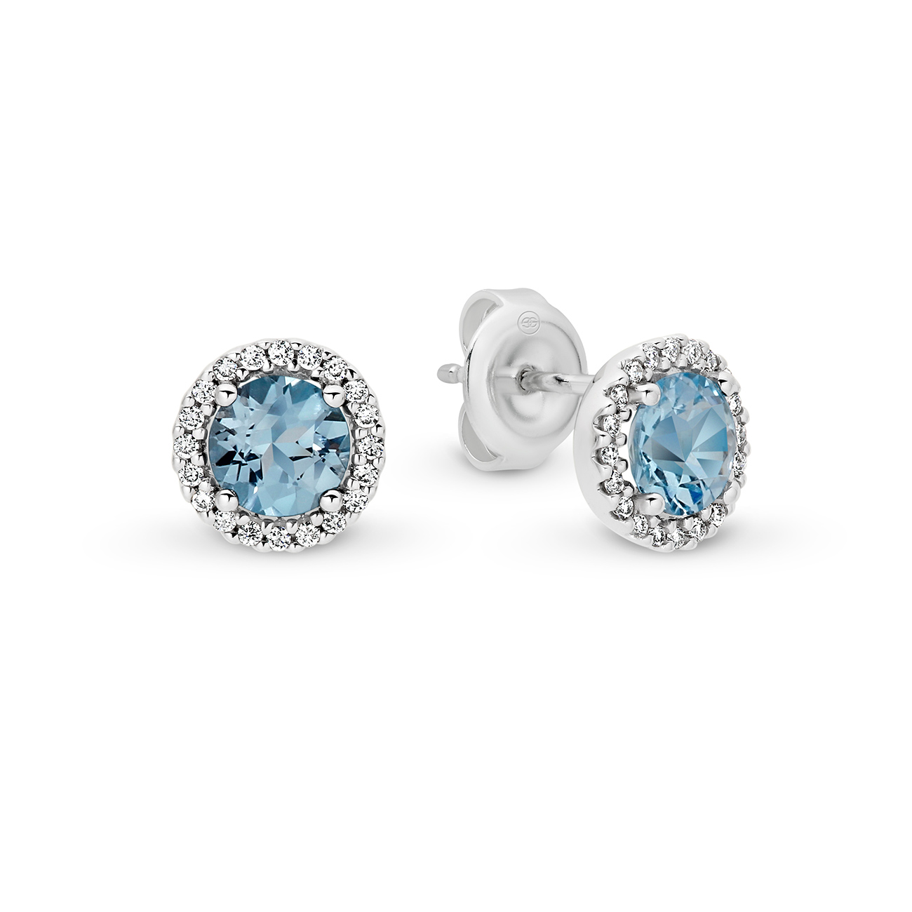 18K White Gold Blue Topaz &#038; Diamond Round Halo Stud Earrings