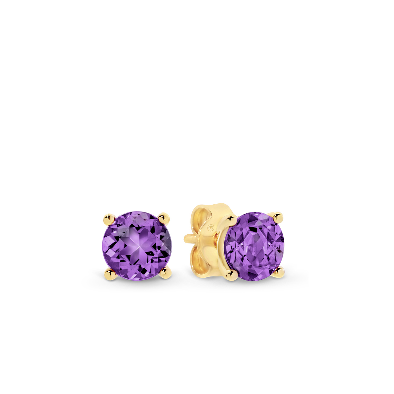 18K Yellow Gold Round Amethyst Solitaire Stud Earrings