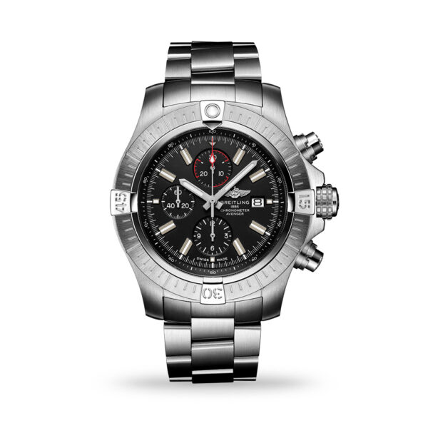 Breitling Super Avenger Chronograph 48mm watch with a black dial and stainless steel bracelet
