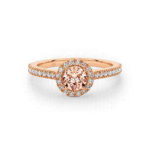 Gregory Jewellers Morganite and Diamond Halo Ring in 18K rose gold featuring round morganite centre and diamond halo