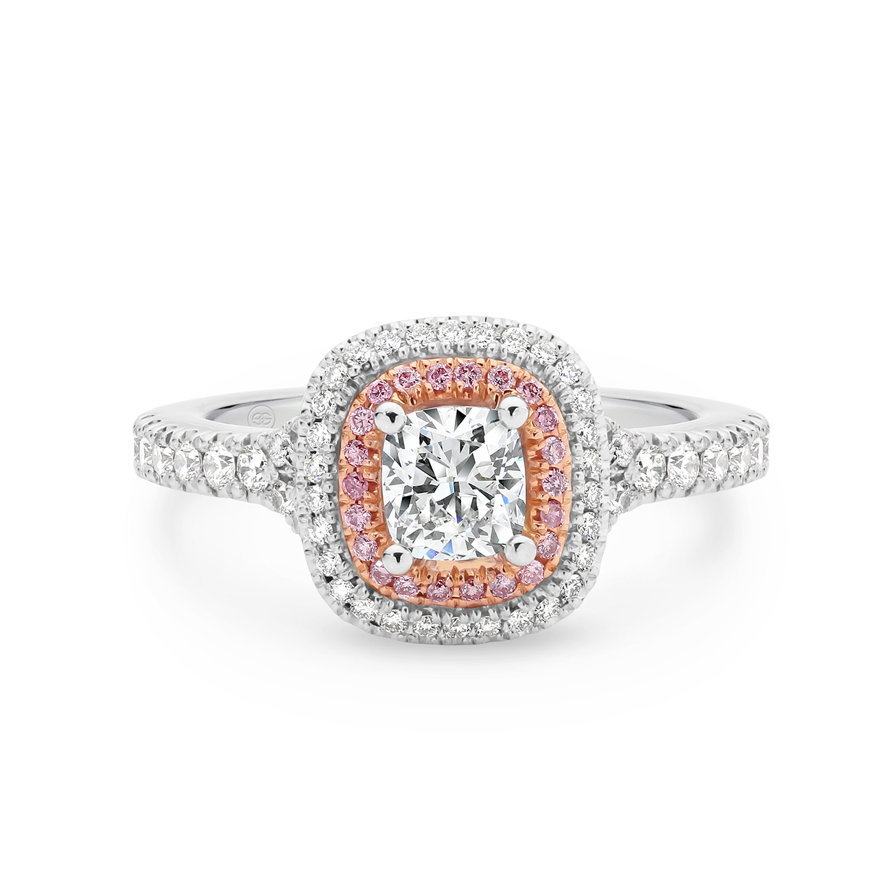 Cushion Cut White & Pink Double Halo Diamond Engagement Ring