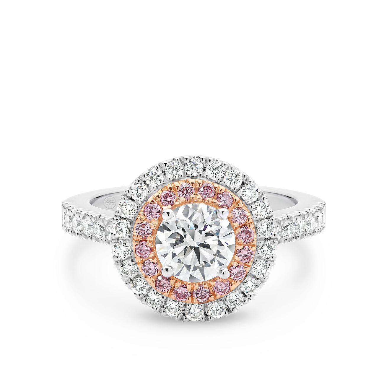 Round Brilliant White & Pink Double Halo Diamond Engagement Ring