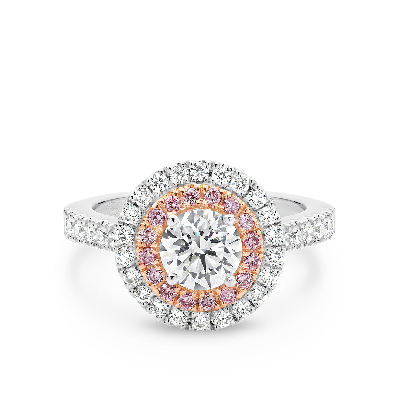 Round Brilliant White &#038; Pink Double Halo Diamond Engagement Ring