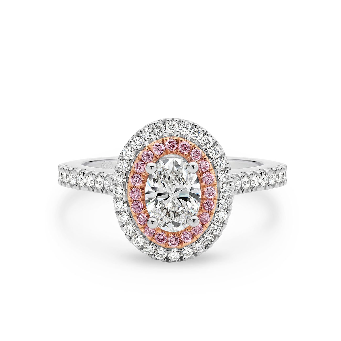 Oval Shape White & Pink Double Halo Diamond Engagement Ring