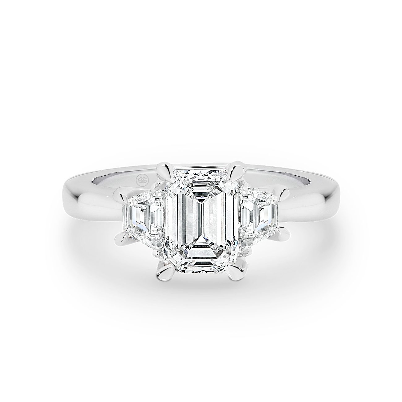 Trilogy Emerald &#038; Trapezoid Cut Diamond Engagement Ring