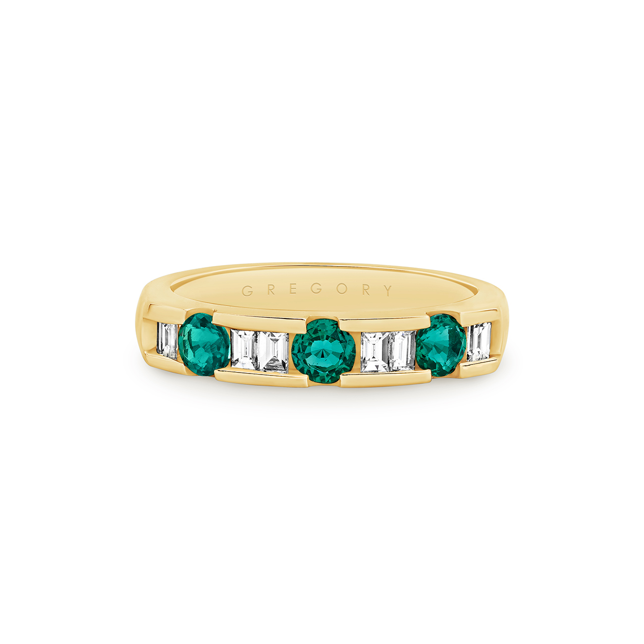 18K Yellow Gold Channel Set Lab Grown Green Emerald &#038; Diamond Band