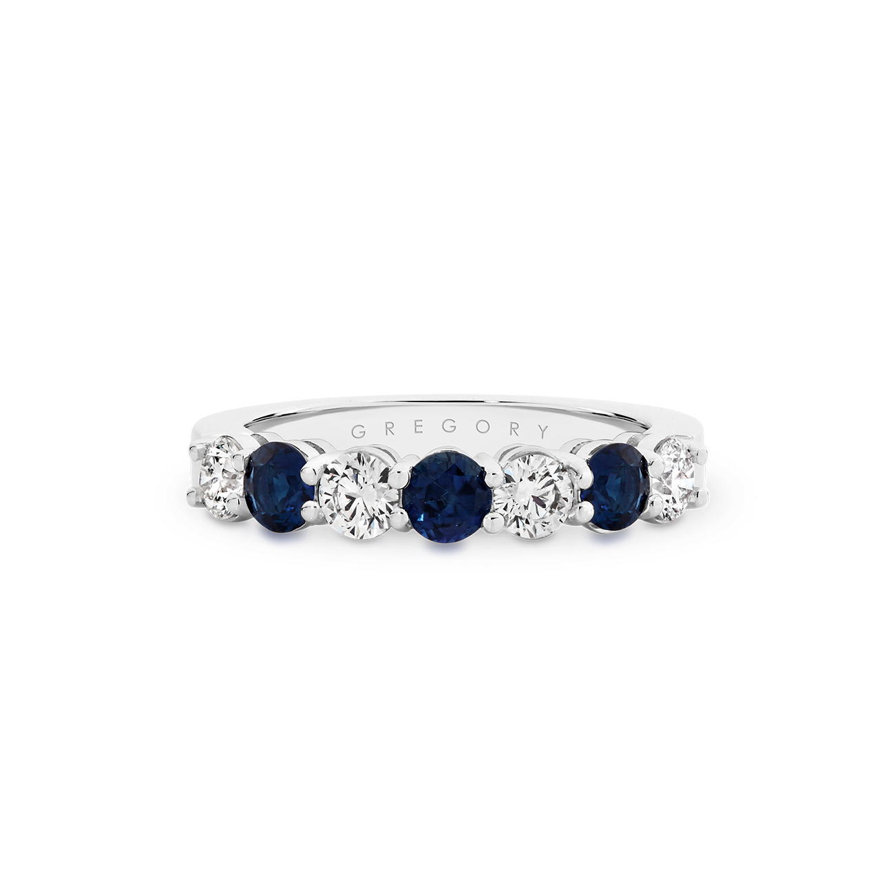 18K White Gold Claw Set Round Blue Sapphire & Diamond Band