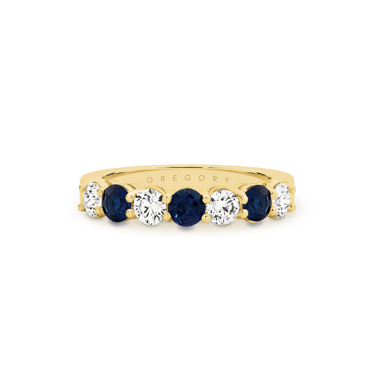 18K Yellow Gold Claw Set Round Blue Sapphire Diamond Band