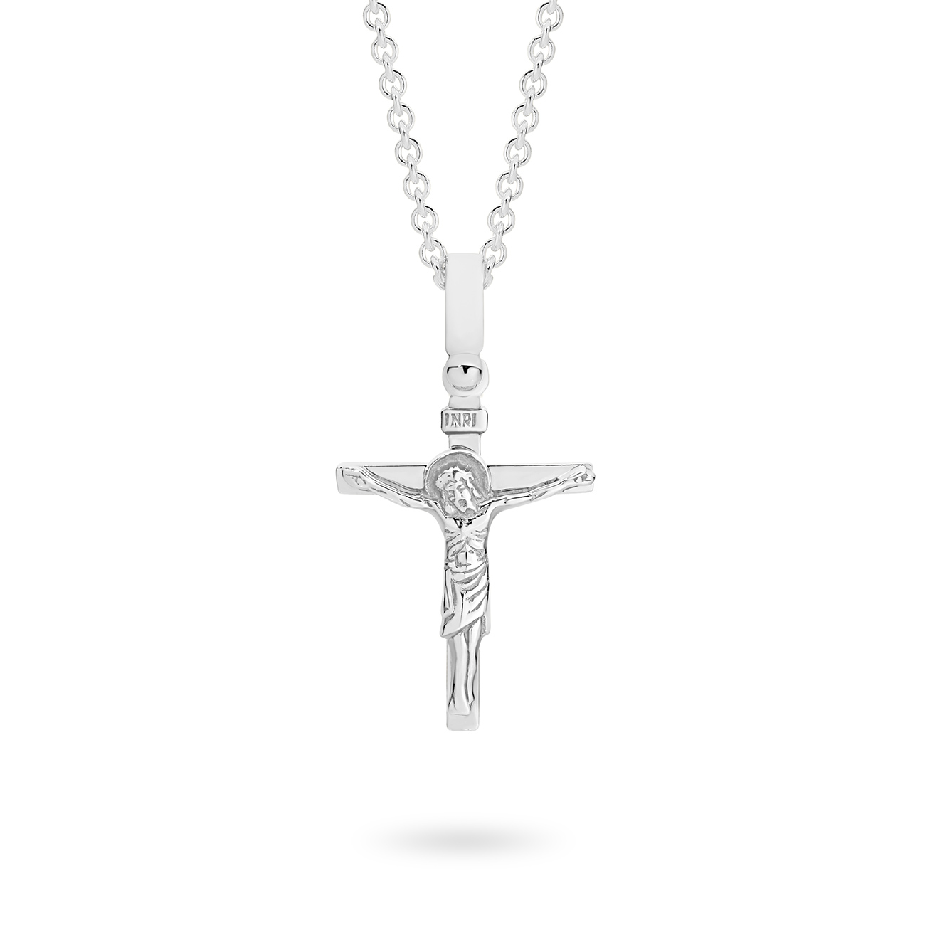 18K White Gold Polished Crucifix Pendant With INRI Plate