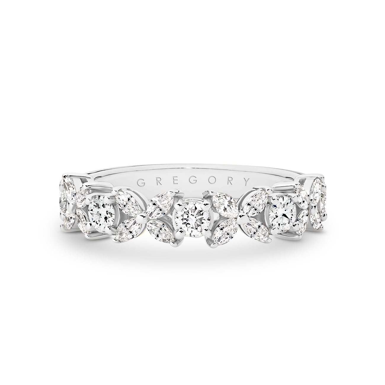 18K White Gold Marquise &#038; Round Brilliant Diamond Petal Band