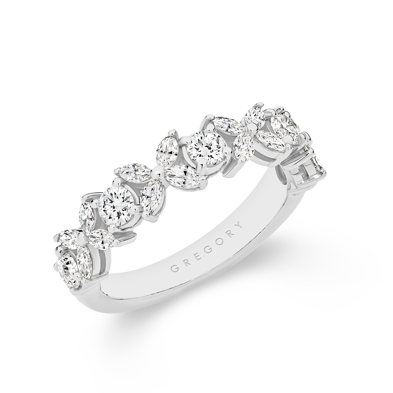 18K White Gold Marquise &#038; Round Brilliant Diamond Petal Band