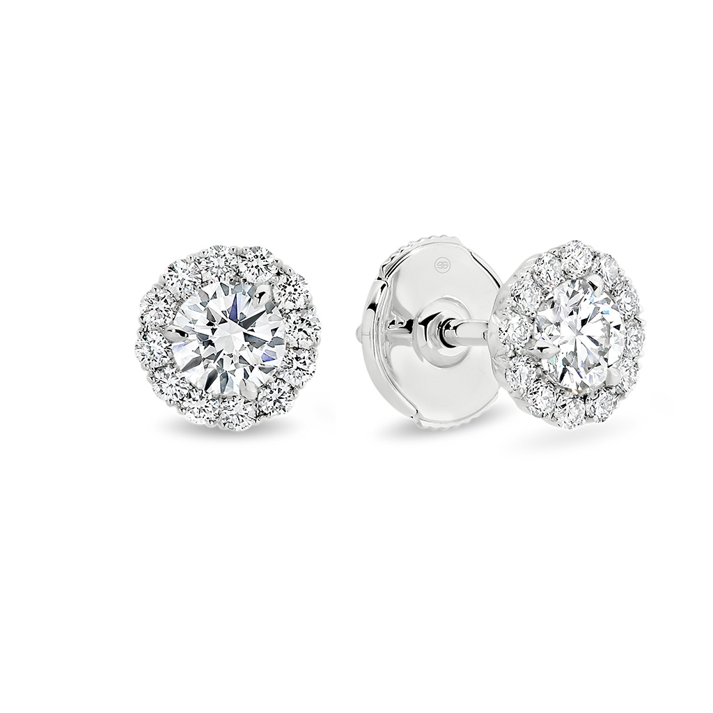 Classic Halo Diamond Stud Earrings In 18K White Gold