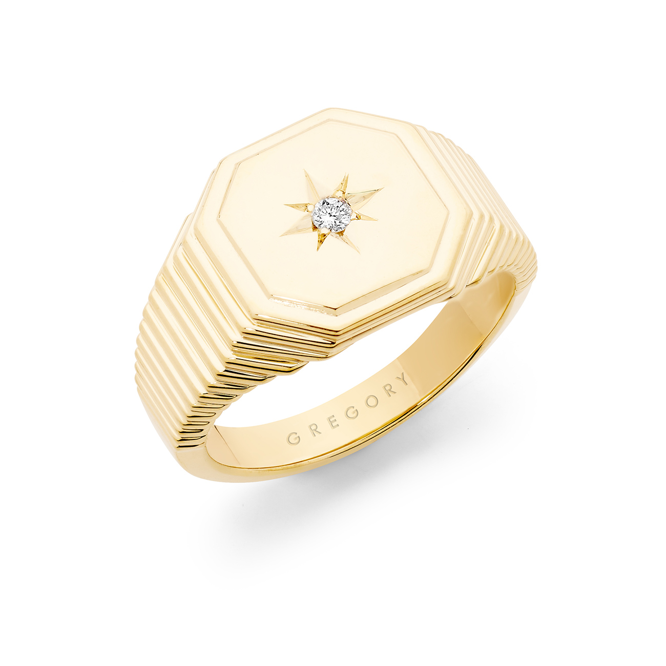 9K Yellow Gold Diamond Octagon Signet Ring