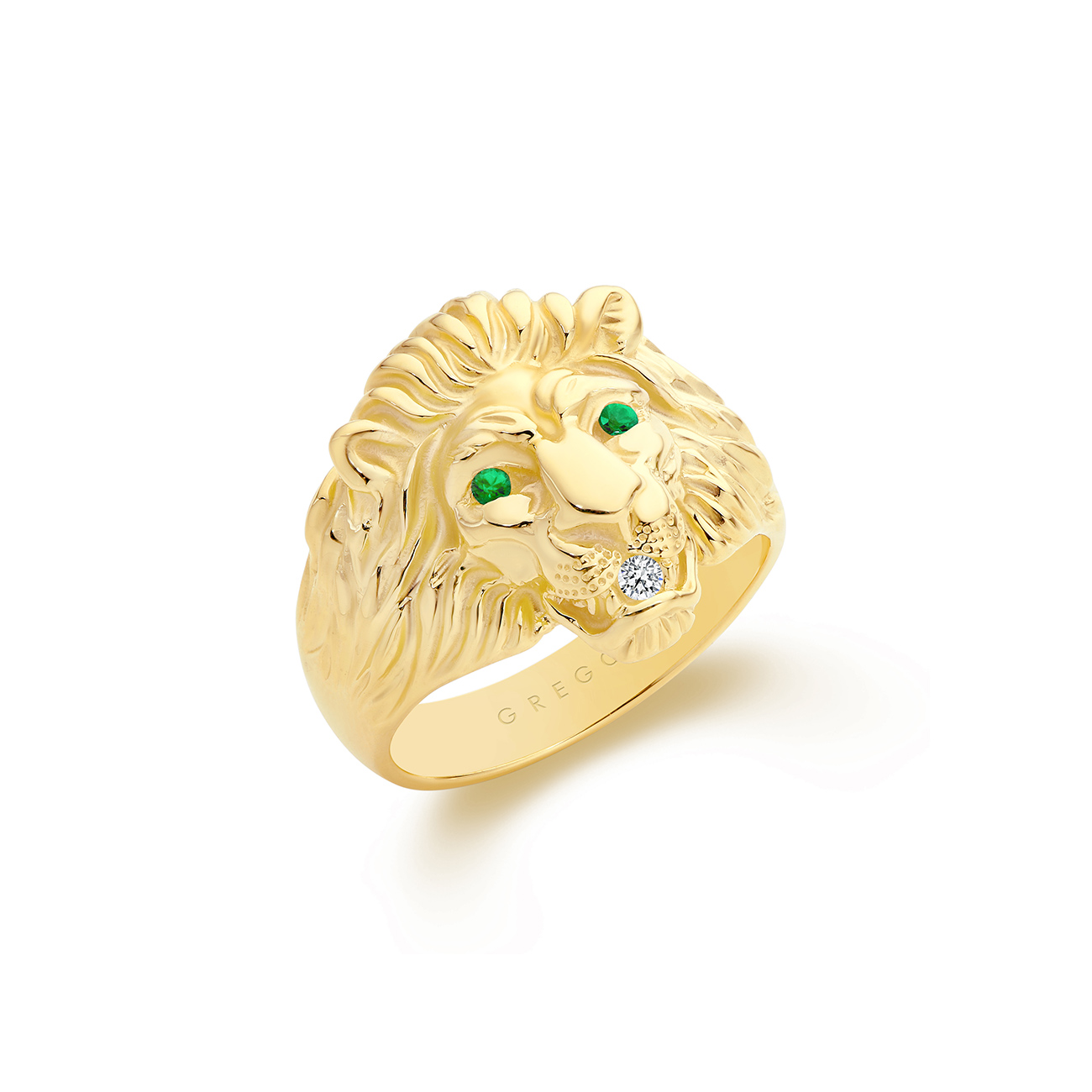 9K Yellow Gold Green Emerald Diamond Large Lion Ring Gregory Jewellers