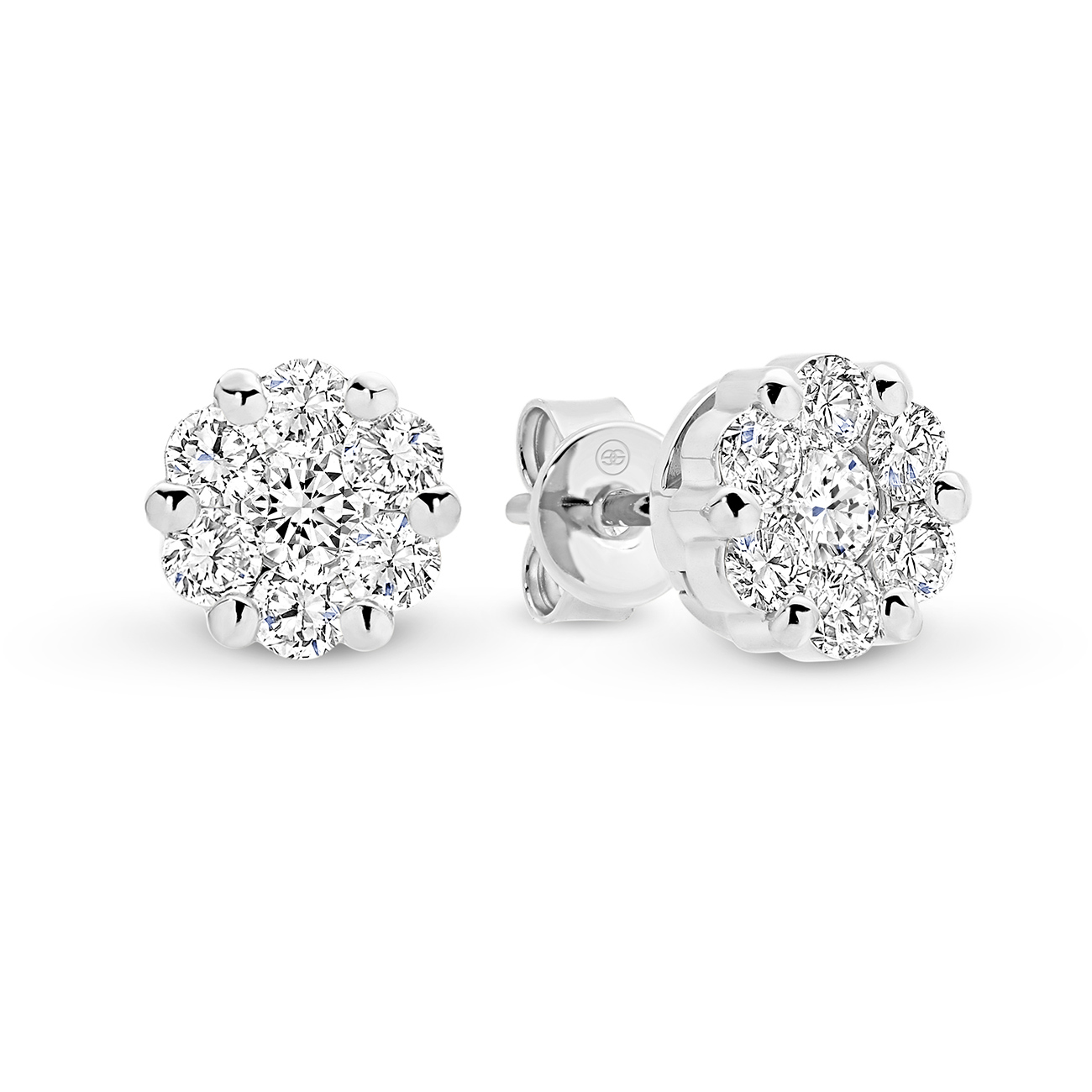 Diamond Cluster Stud Earrings In 18K White Gold