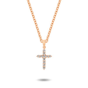 18K Rose Gold Claw Set Diamond Pointed Cross Pendant - Small