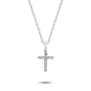 18K white gold large diamond cross pendant with round brilliant cut diamonds in claw setting