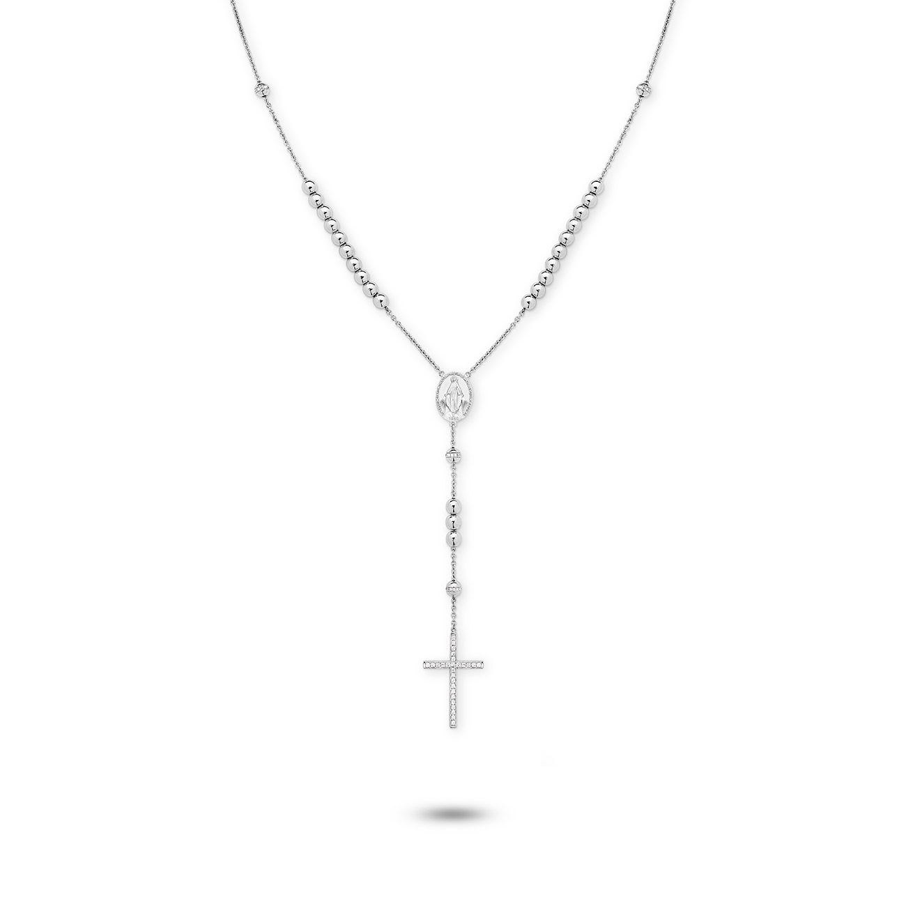 18K White Gold Diamond Rosary Bead Necklace